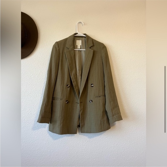 H&M | double breasted olive linen blazer - Picture 2 of 9